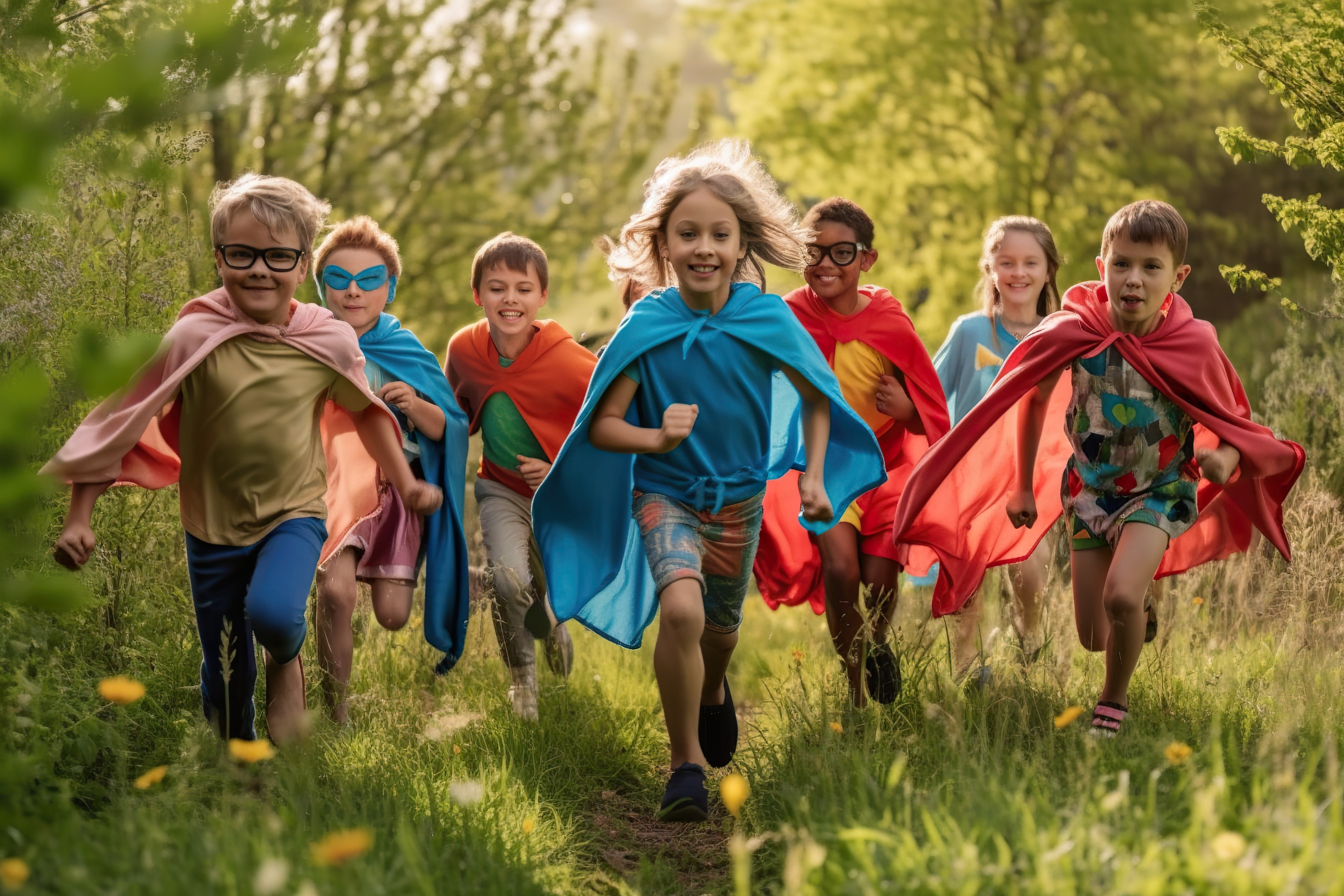 Children running outside wearing capes